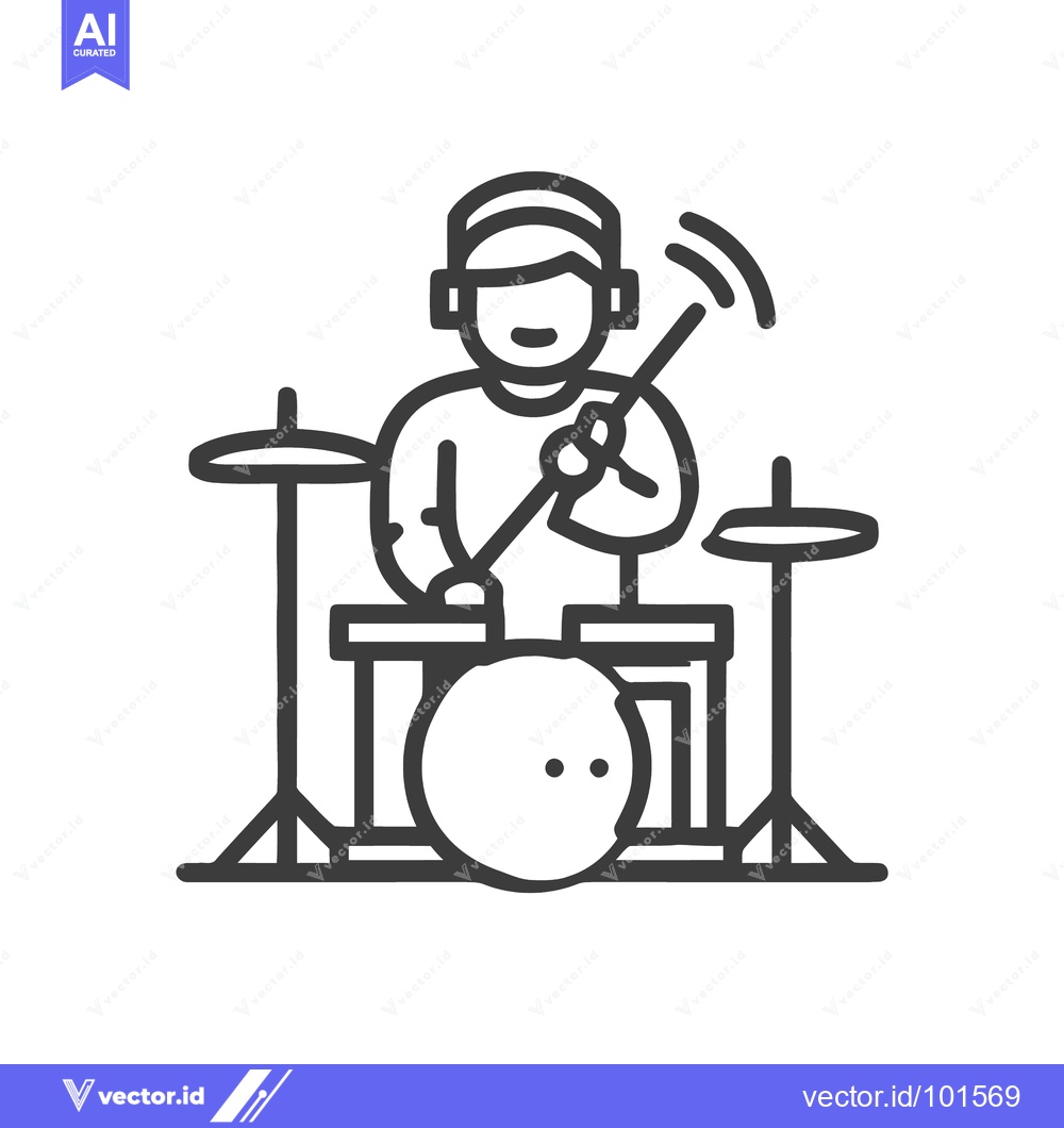Premium Vector dari Outline Drummer Icon with Headphones Playing Kit, Minimalist Vector of