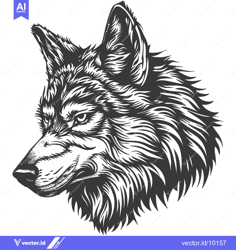 Premium Vector dari A Black and White Detailed Illustration of a Wolf's Head