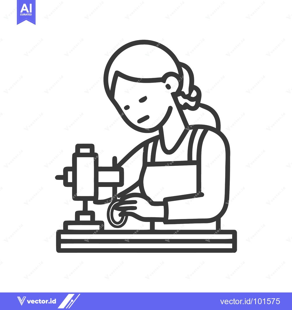 Premium Vector of Focused Seamstress Crafting at Sewing Machine, Minimalist Line Art Ico