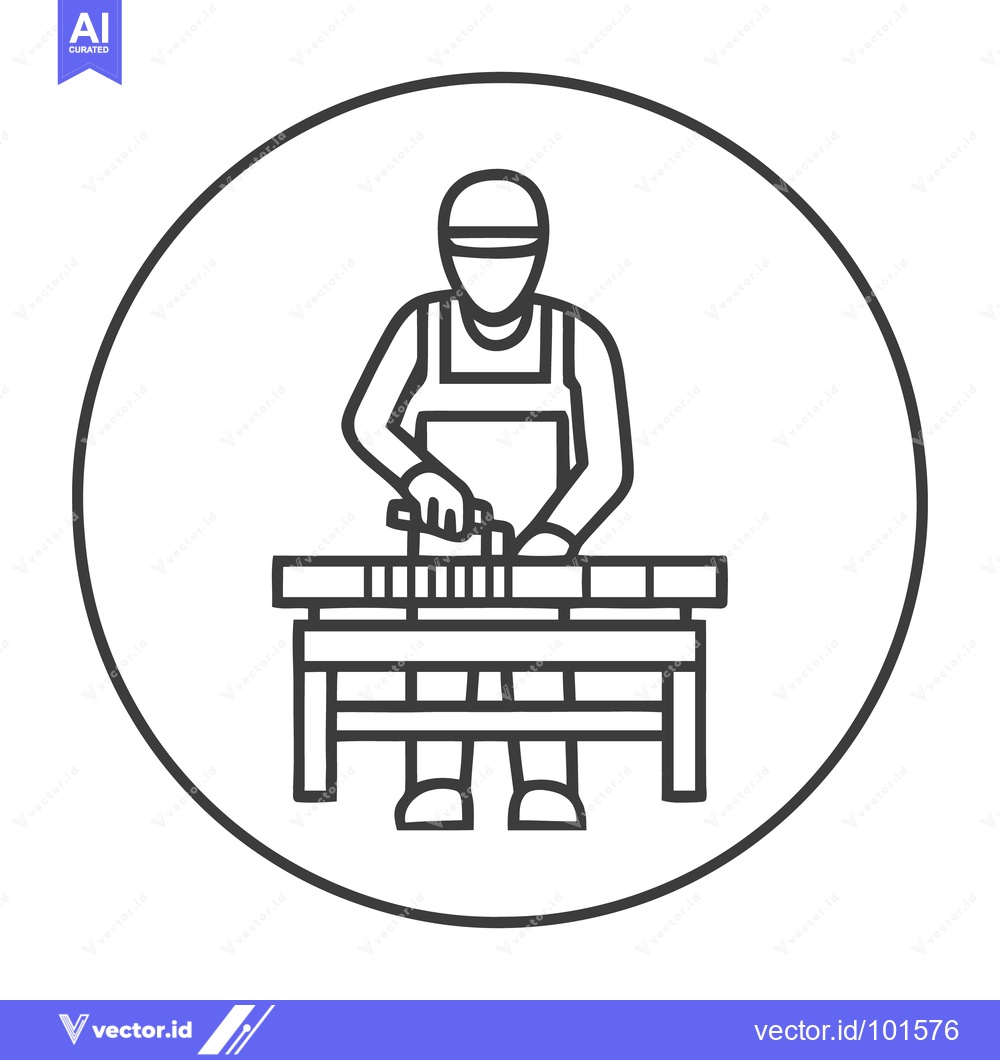 Premium Vector dari Circular Line Art Icon of a Carpenter Planing Wood at a Workbench