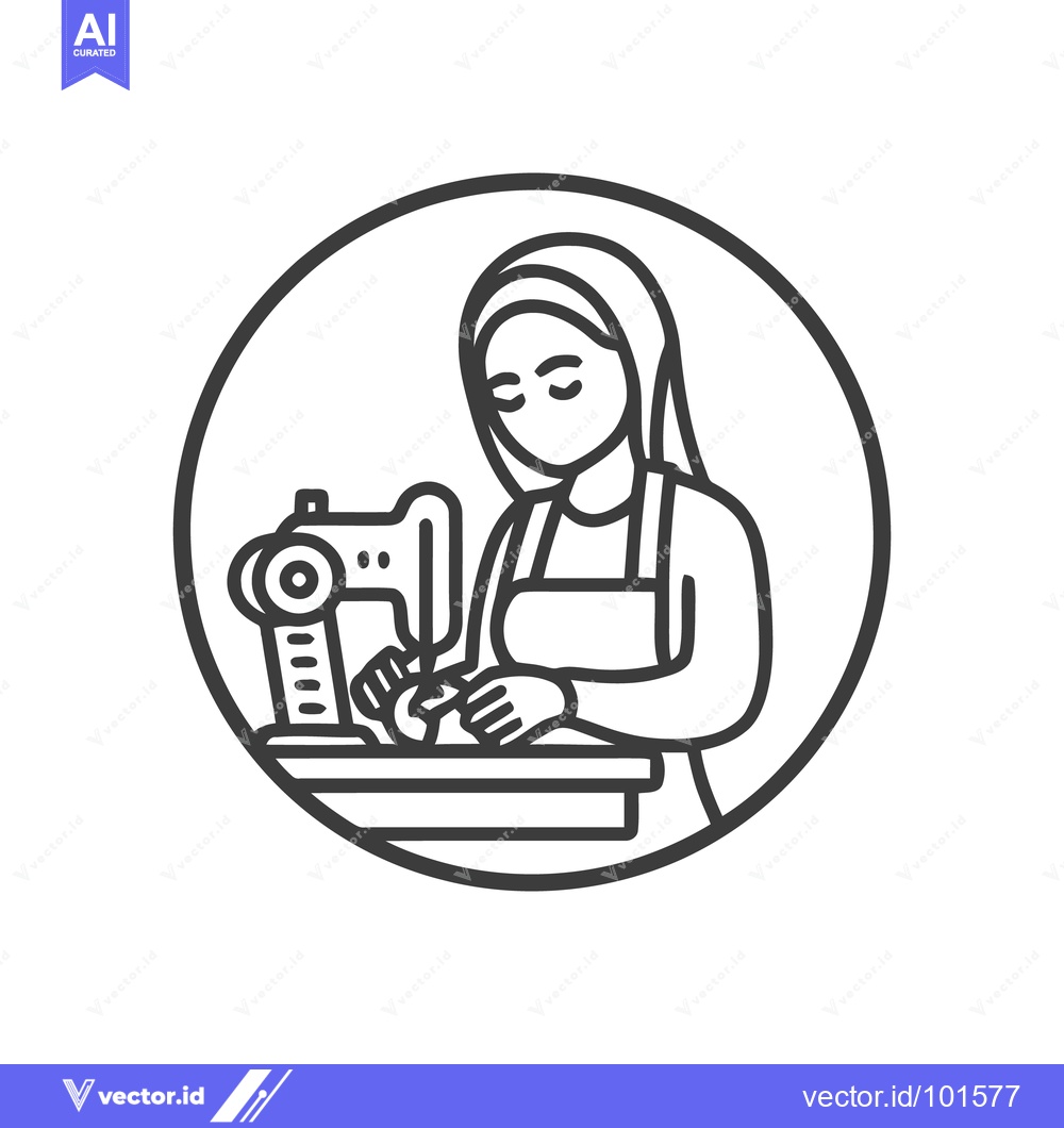 Premium Vector of Focused Seamstress in Hijab at Sewing Machine, Circular Line Art Icon