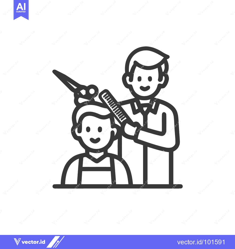 Premium Vector dari Smiling Barber Gives a Haircut with Scissors and Comb, Minimalist Line