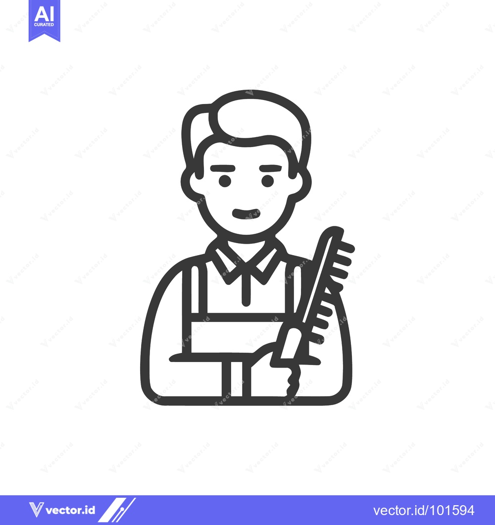 Premium Vector dari Monochrome Line Art Icon of a Worker with a Large Cleaning Brush
