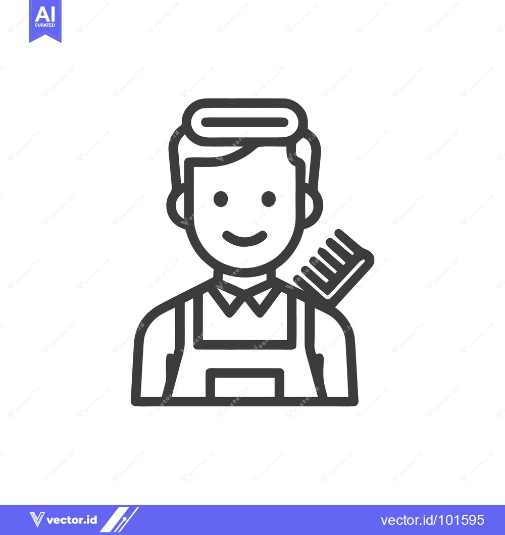 Premium Vector of Friendly Barber with Comb and Apron, Professional Hair Stylist Line Ic