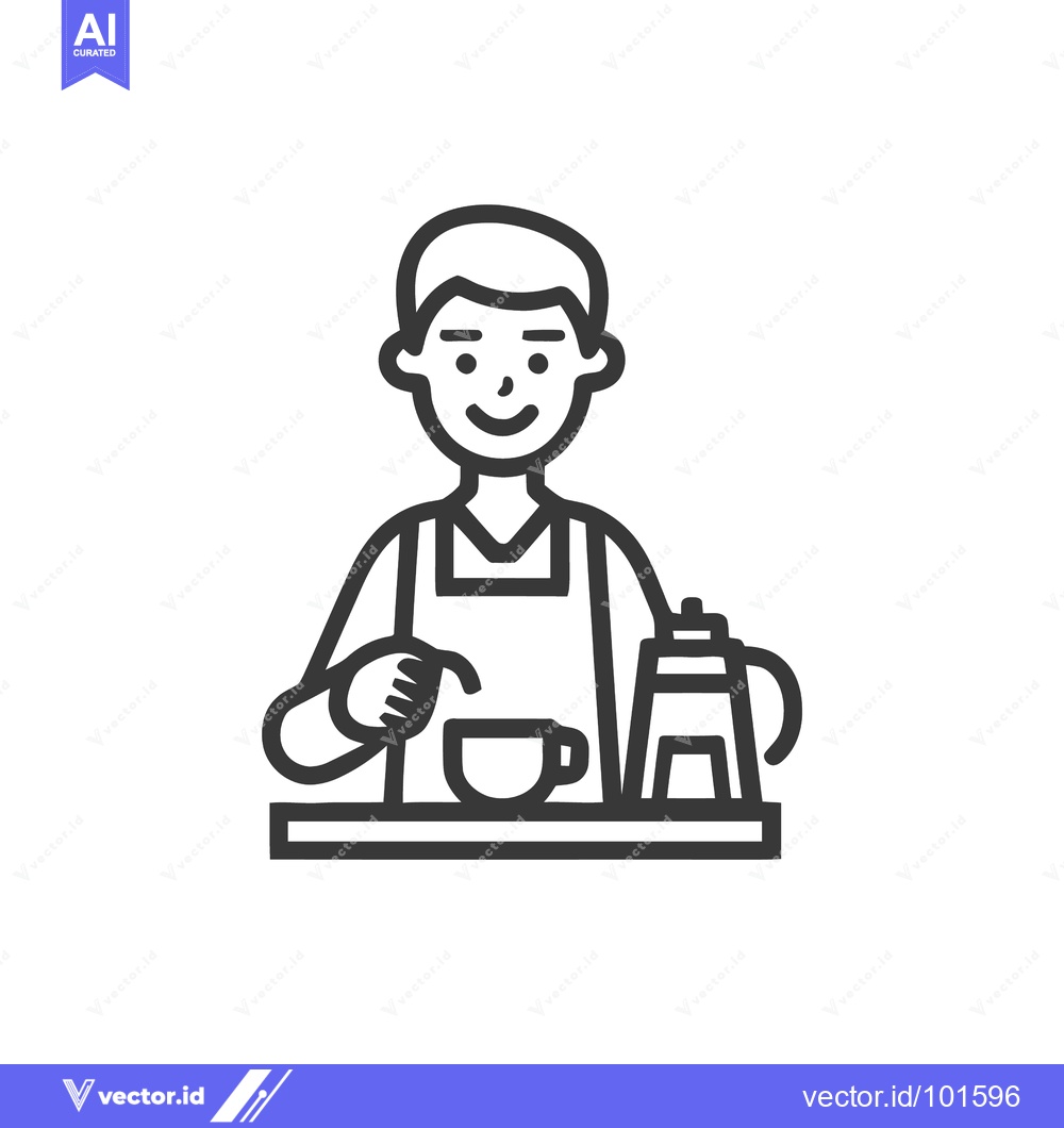 Premium Vector of Smiling Barista in Apron Pouring Coffee, Clean Line Art Vector Icon