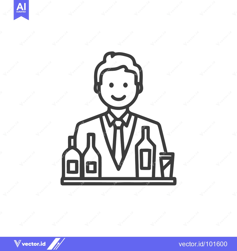 Premium Vector of Smiling Bartender at Counter with Drinks, Minimalist Line Art Icon
