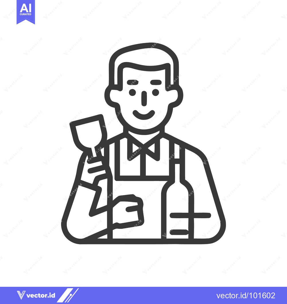 Premium Vector of Smiling Sommelier Character Line Art with Wine and Glass