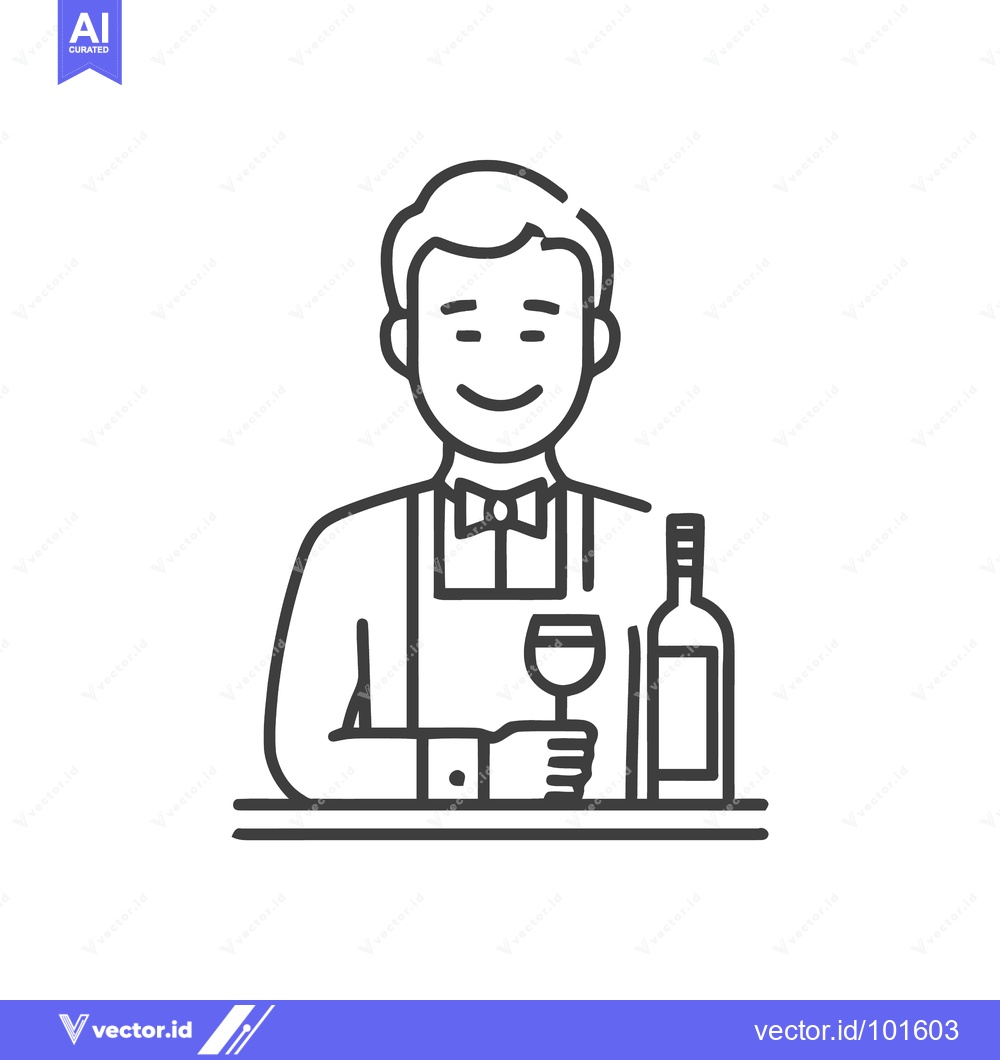 Premium Vector of Friendly Sommelier with Wine Bottle and Glass, Minimalist Line Art Ico