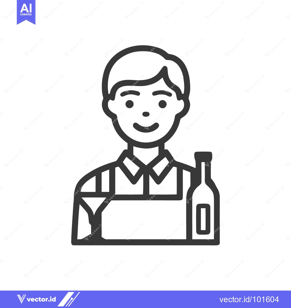 Premium Vector dari Smiling Bartender Character with Cocktail and Bottle, Minimalist Line