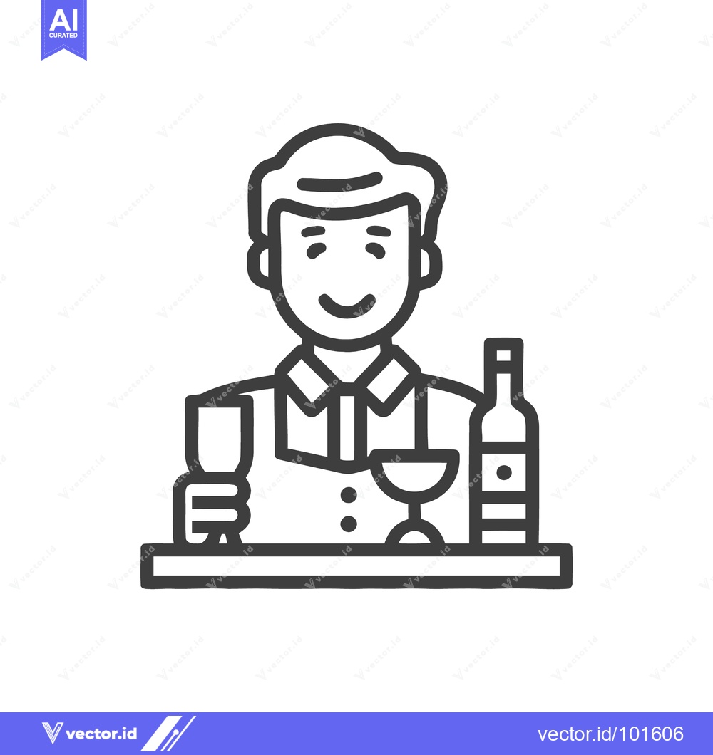 Premium Vector of Welcoming Sommelier Behind Bar Counter, Minimalist Outline Icon
