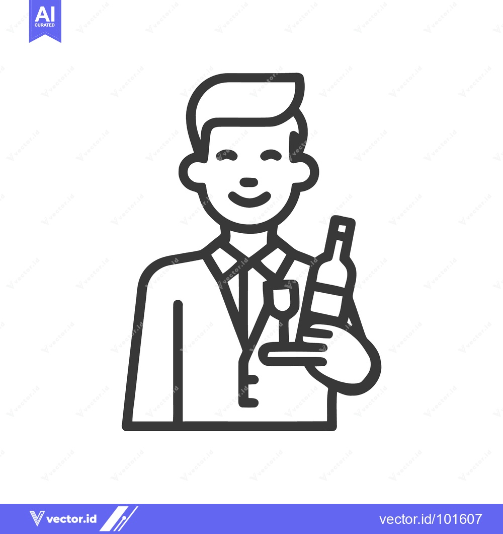 Premium Vector dari Smiling Sommelier with Wine Bottle and Glass, Minimalist Line Art Icon