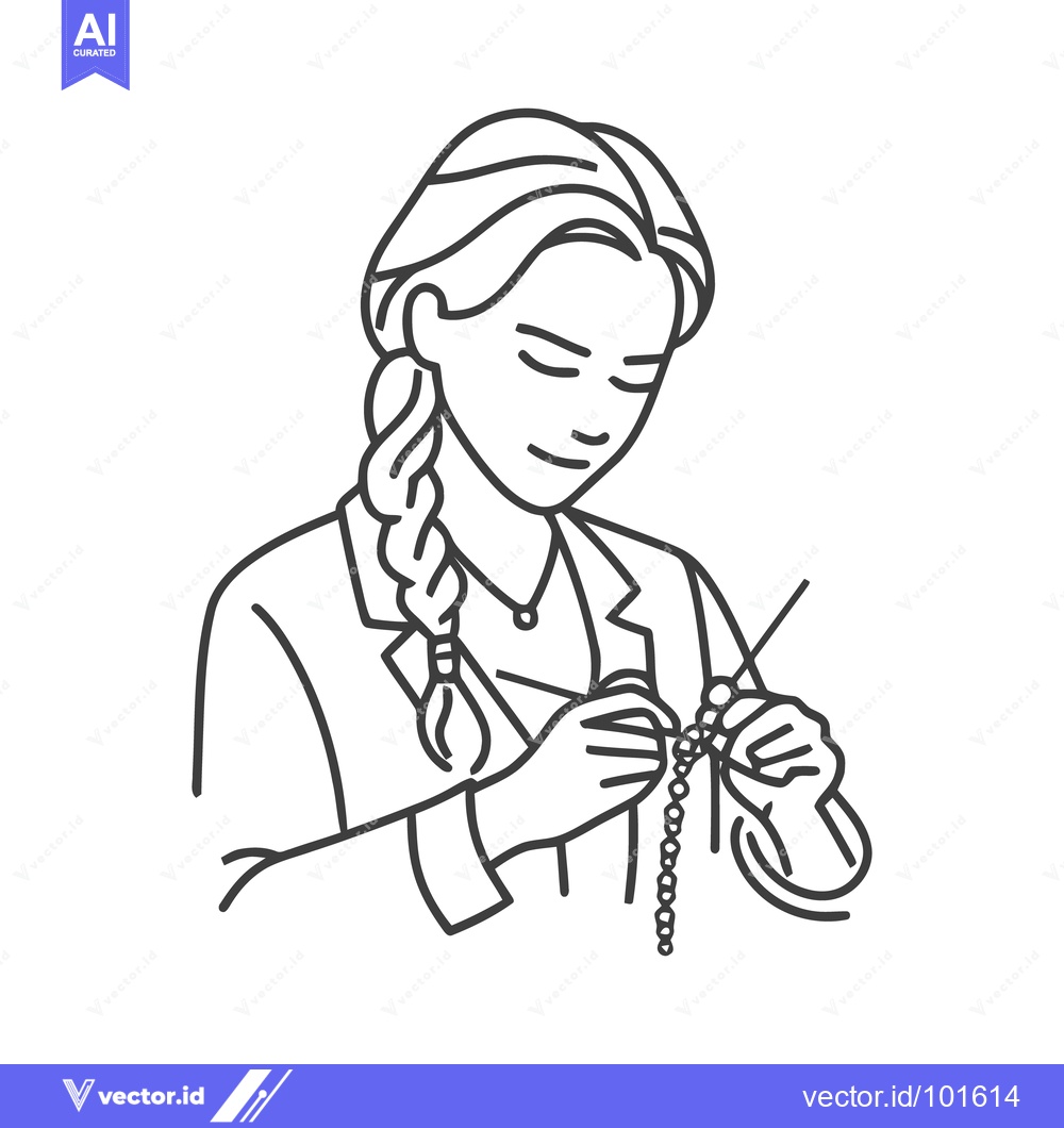 Premium Vector dari Focused Artisan with Braided Hair Crafting Jewelry in Line Art Style