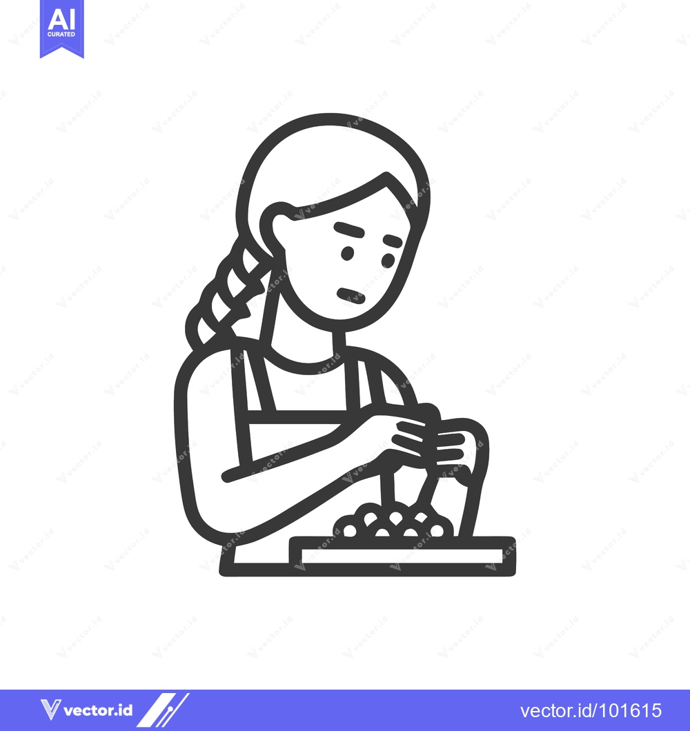 Premium Vector of Focused Woman with Braid Grinding Ingredients, Minimalist Line Art Ico