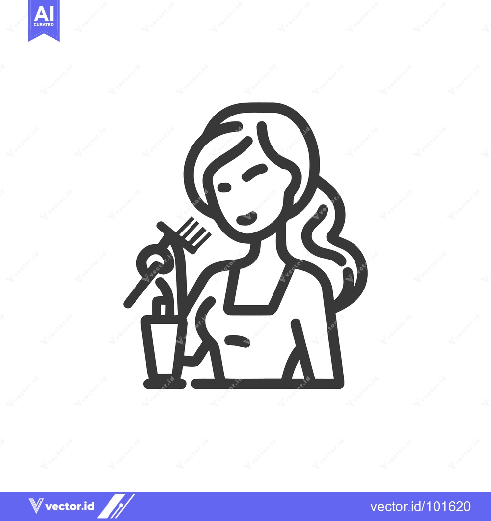 Premium Vector of Elegant line art icon of a woman with a ponytail savoring a meal with