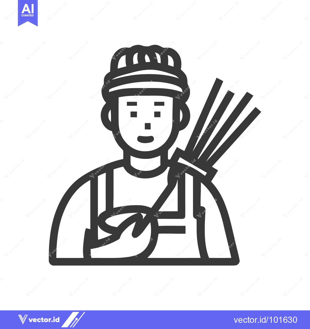 Premium Vector of Monochrome Line Art Icon of Smiling Farmer with Harvested Crops and Wa