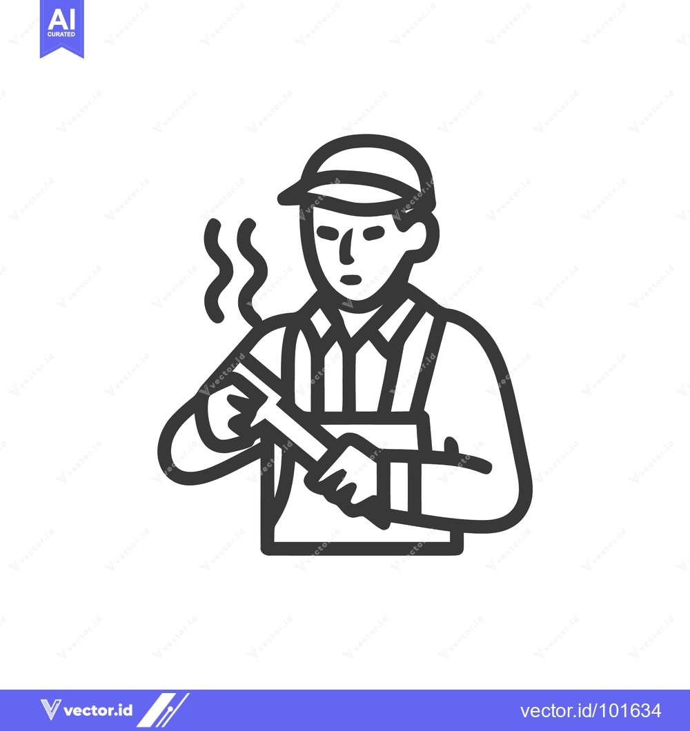 Premium Vector dari Focused Worker with Soldering Iron Line Icon: Man in Cap and Apron Eng