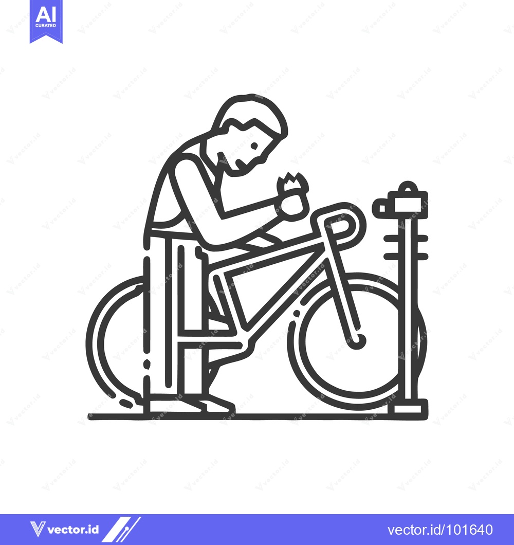 Premium Vector dari Clean Line Art Icon: Man Repairing Bicycle on Stand, Bike Mechanic Ser