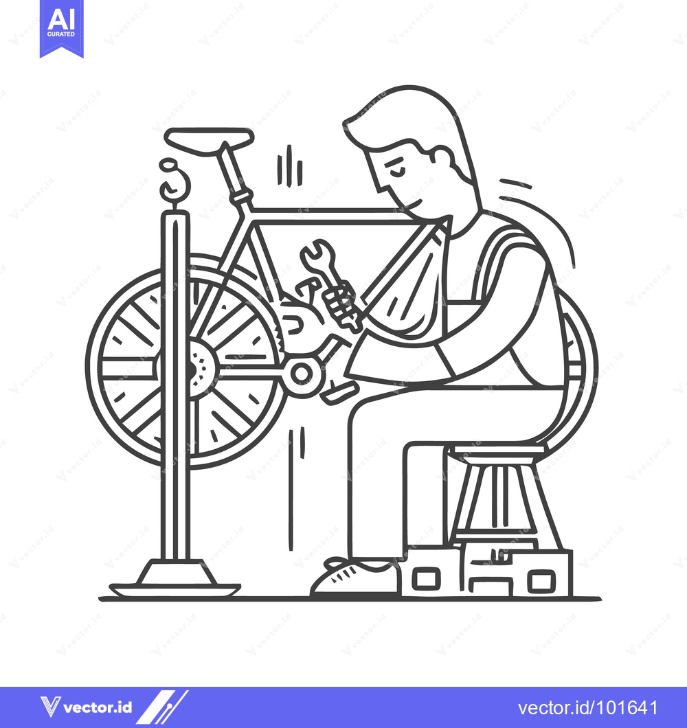 Premium Vector dari Minimalist Line Art: Man Repairing Bicycle Chain on Stand with Wrench