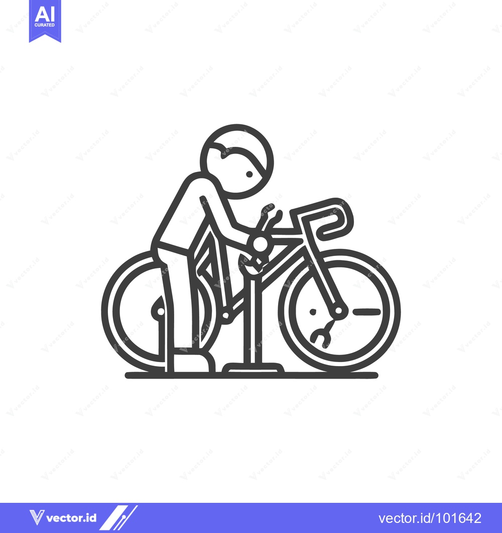 Premium Vector of Minimalist Line Art Icon: Person Repairing Bicycle on Maintenance Stan