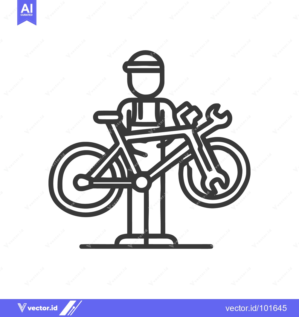 Premium Vector dari Stylized Vector Icon of Bicycle Mechanic Holding Bike and Wrench for R