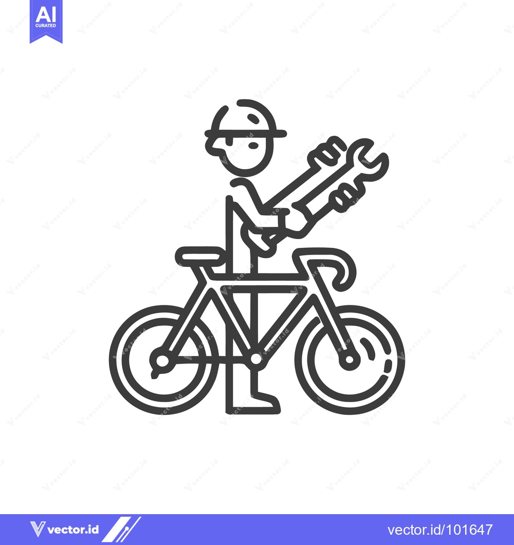 Premium Vector dari Modern Line Art Icon: Bicycle Mechanic with Wrench and Helmet for Bike