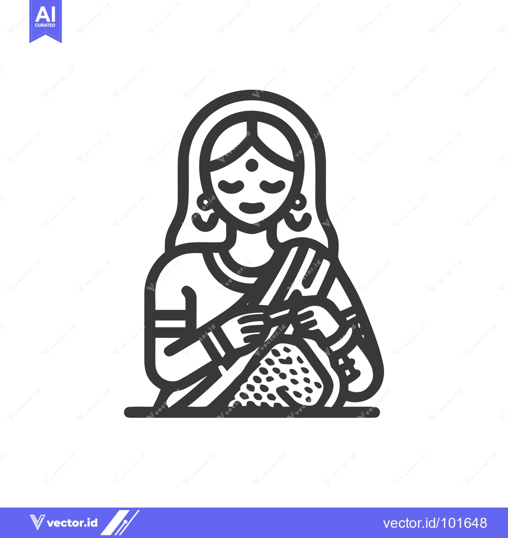 Premium Vector of Minimalist Indian Woman Icon in Sari with Bindi, Serene Expression, Ho