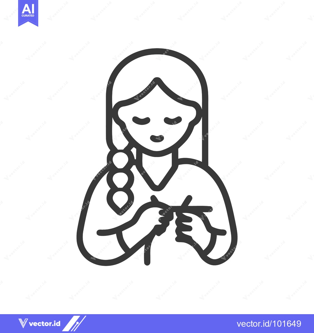 Premium Vector dari Minimalist Line Art Icon of Woman Knitting with Braided Hair, a Relaxi