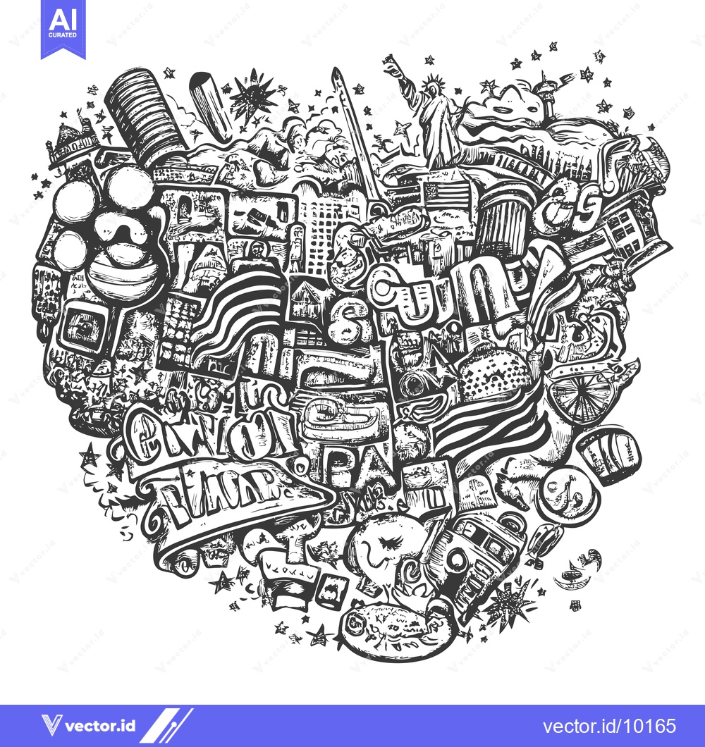 Premium Vector dari A Black and White Doodle Illustration of a Cityscape Filled with Ameri