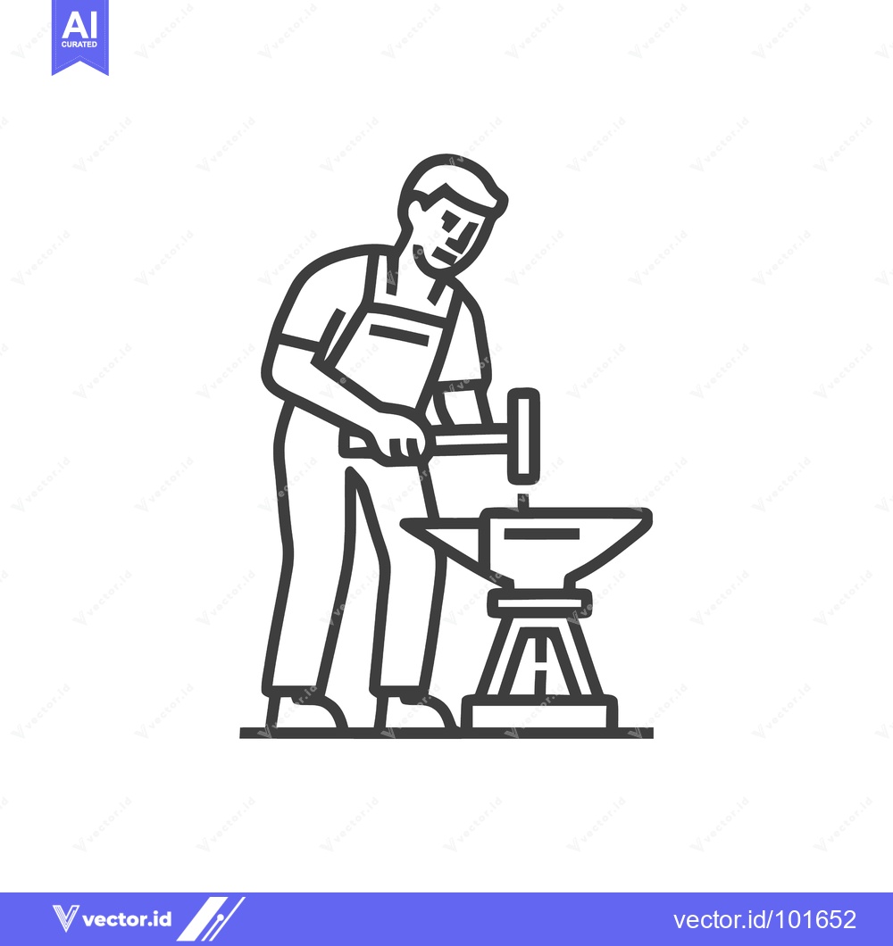Premium Vector of Minimalist Line Art Icon of a Blacksmith Forging Metal on an Anvil wit