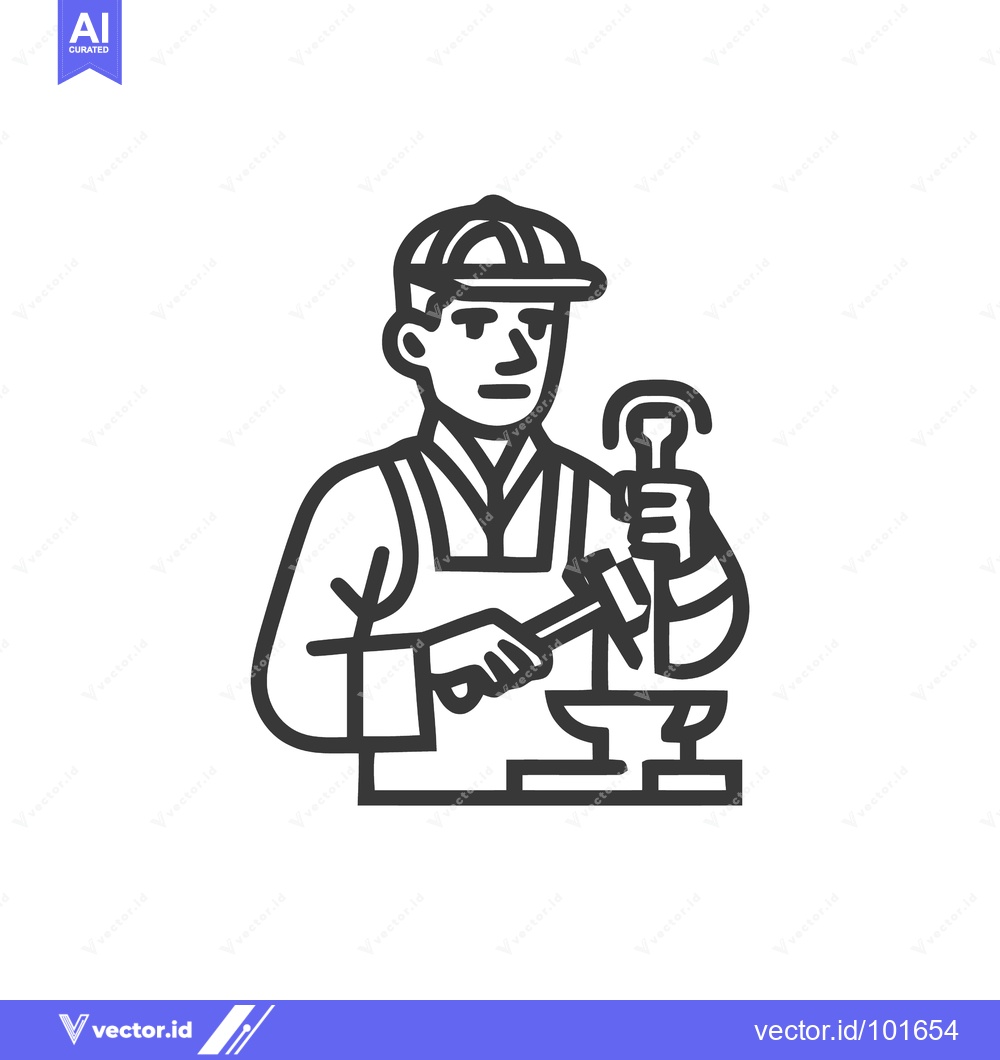 Premium Vector of Minimalist Line Art Icon: Blacksmith Striking Metal on Anvil, Symboliz