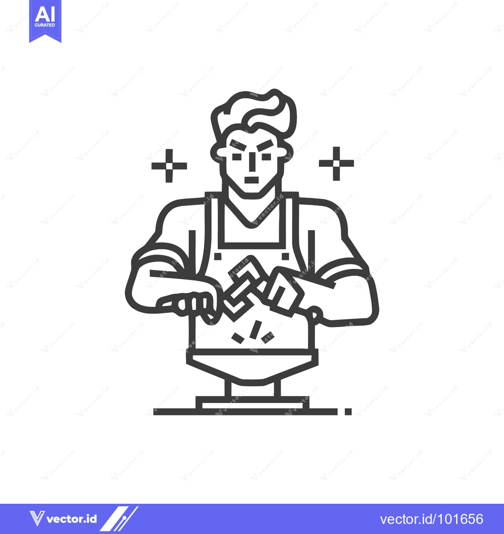 Premium Vector dari Energetic Blacksmith Forging Metal on Anvil, Bold Line Art Icon with S