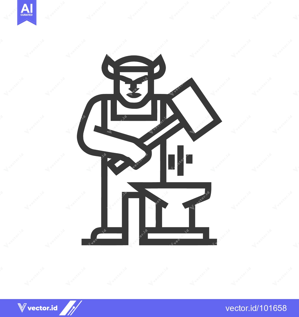 Premium Vector dari Mythical Horned Blacksmith Forging Metal on Anvil Line Art Icon