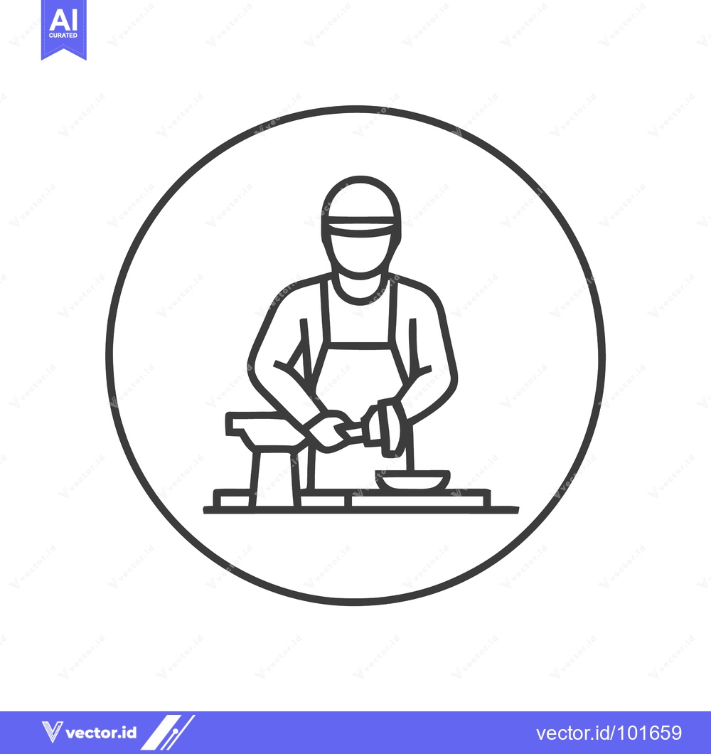 Premium Vector of Modern Line Art Icon: Chef in Apron Chopping Food on Board, Culinary P