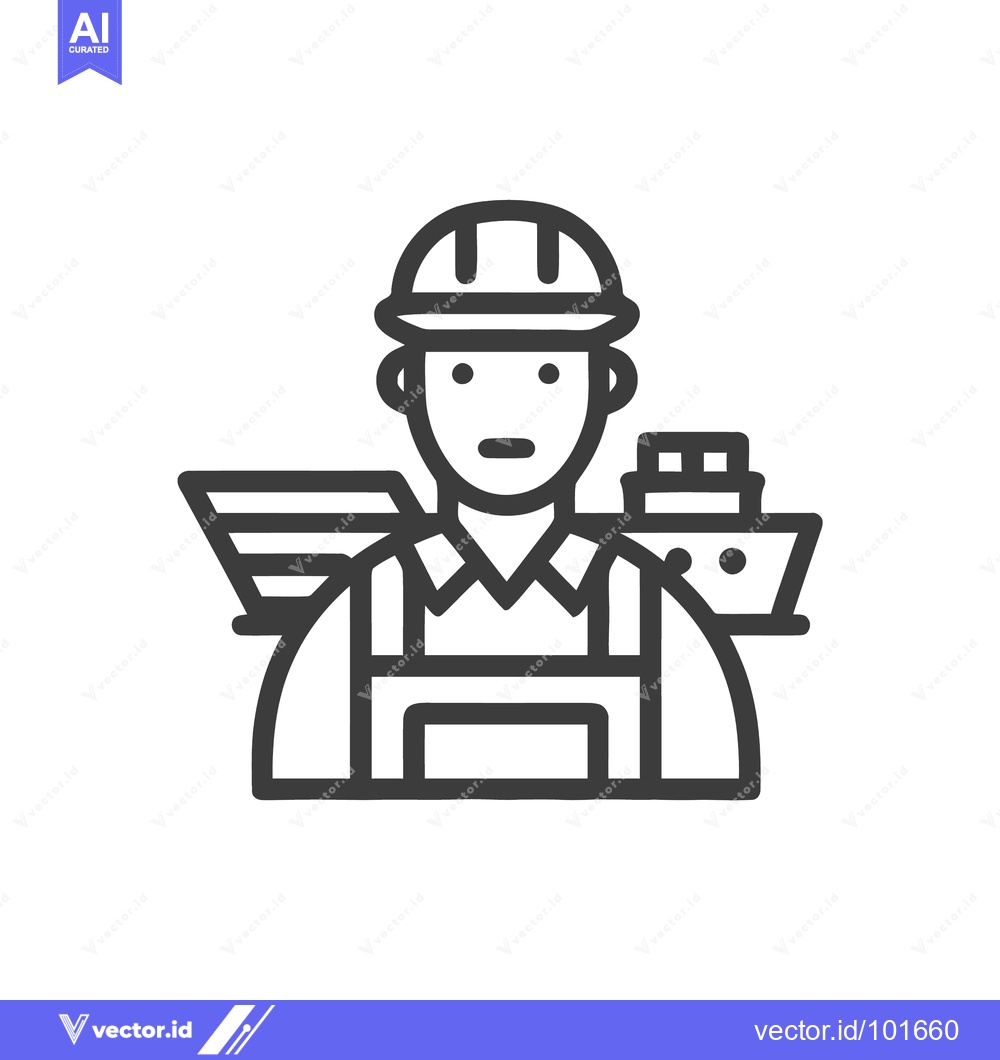 Premium Vector dari Harbor Worker in Hard Hat Flanked by Cargo Ships Line Art Icon