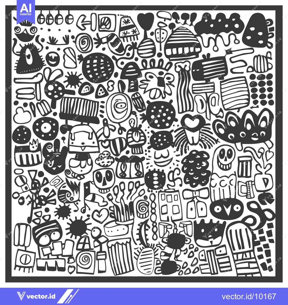 Premium Vector of A Black and White Doodle of Abstract Shapes and Creatures