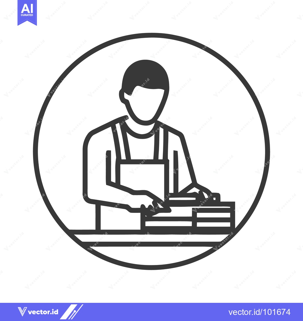Premium Vector of Worker in Apron at Assembly Table, Minimalist Circular Vector Icon