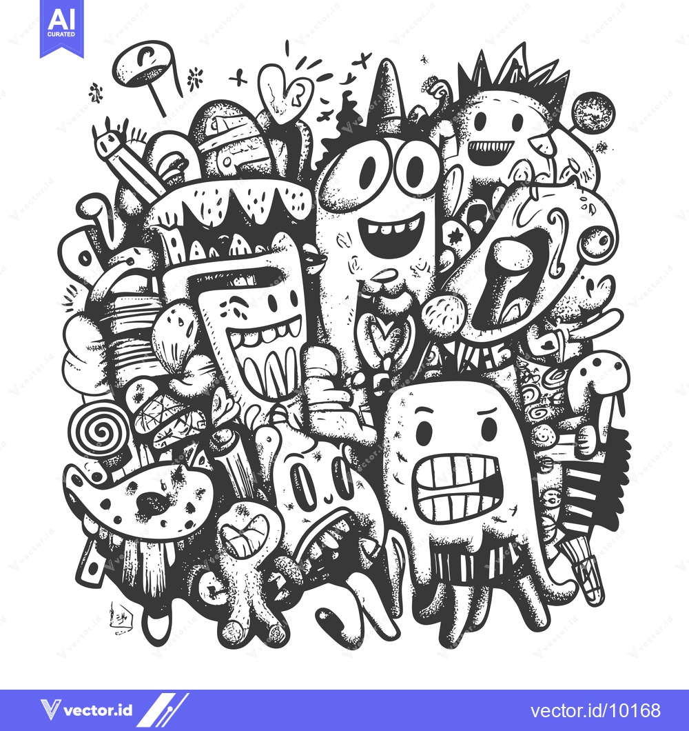 Premium Vector of A Black and White Doodle of Funny Cartoon Monsters