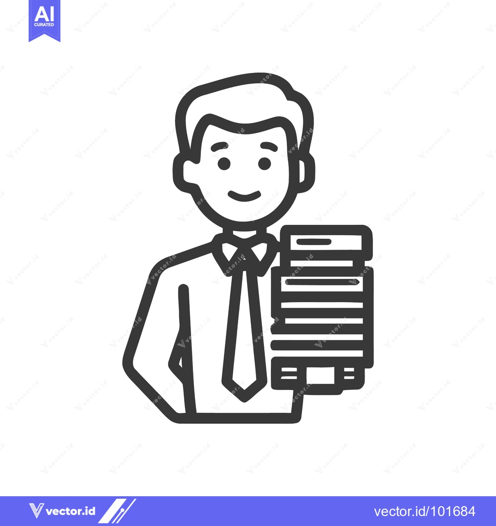 Premium Vector of Minimalist Line Icon of a Diligent Clerk Holding a Stack of Paperwork