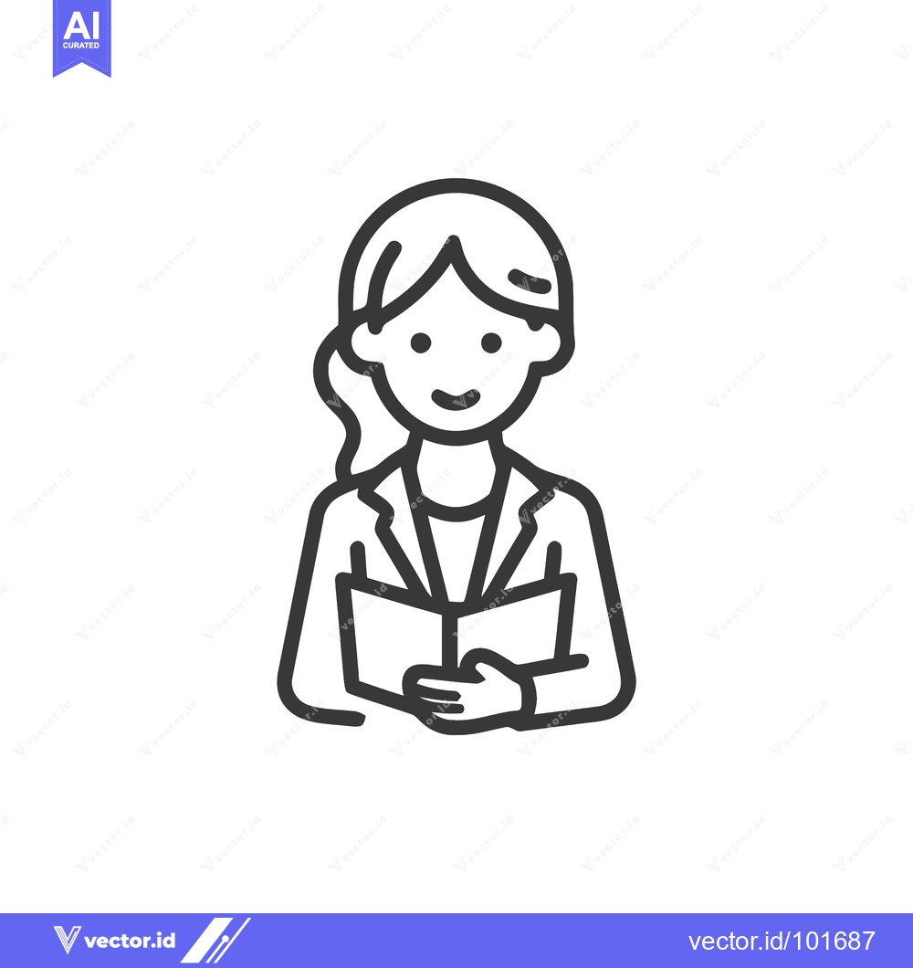 Premium Vector of Monochrome Line Icon of a Smiling Professional Woman Reading a Documen