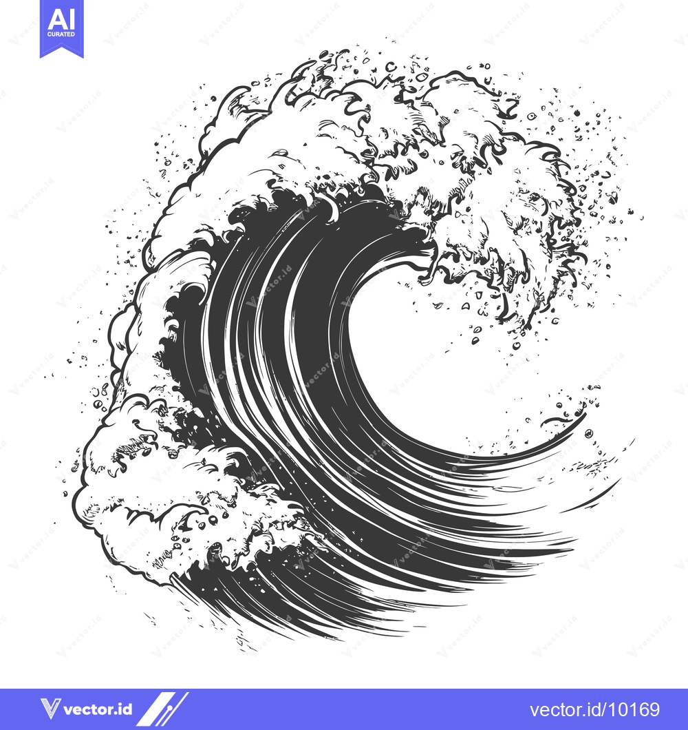 Premium Vector dari A Black and White Drawing of a Large Wave Crashing