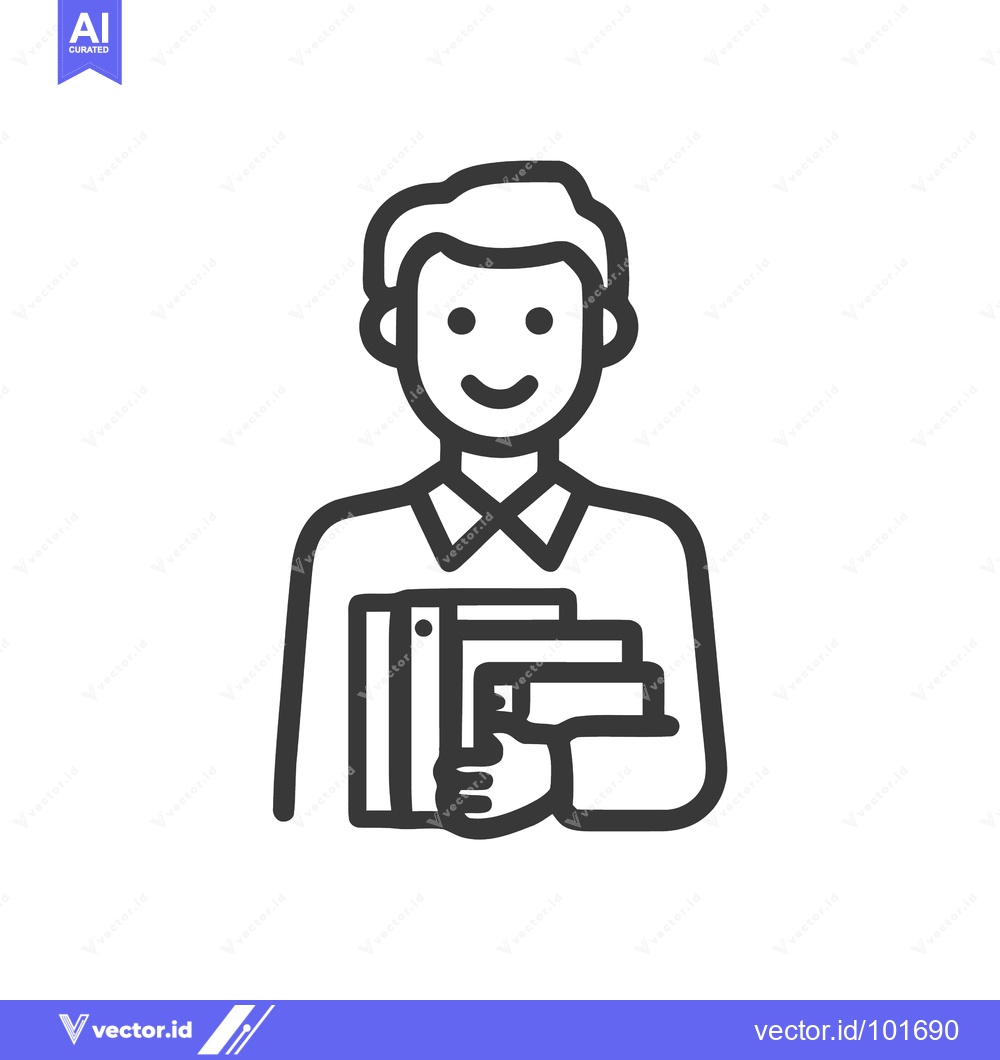 Premium Vector of Smiling Student or Office Worker Holding Books and Binder, Line Art Ic
