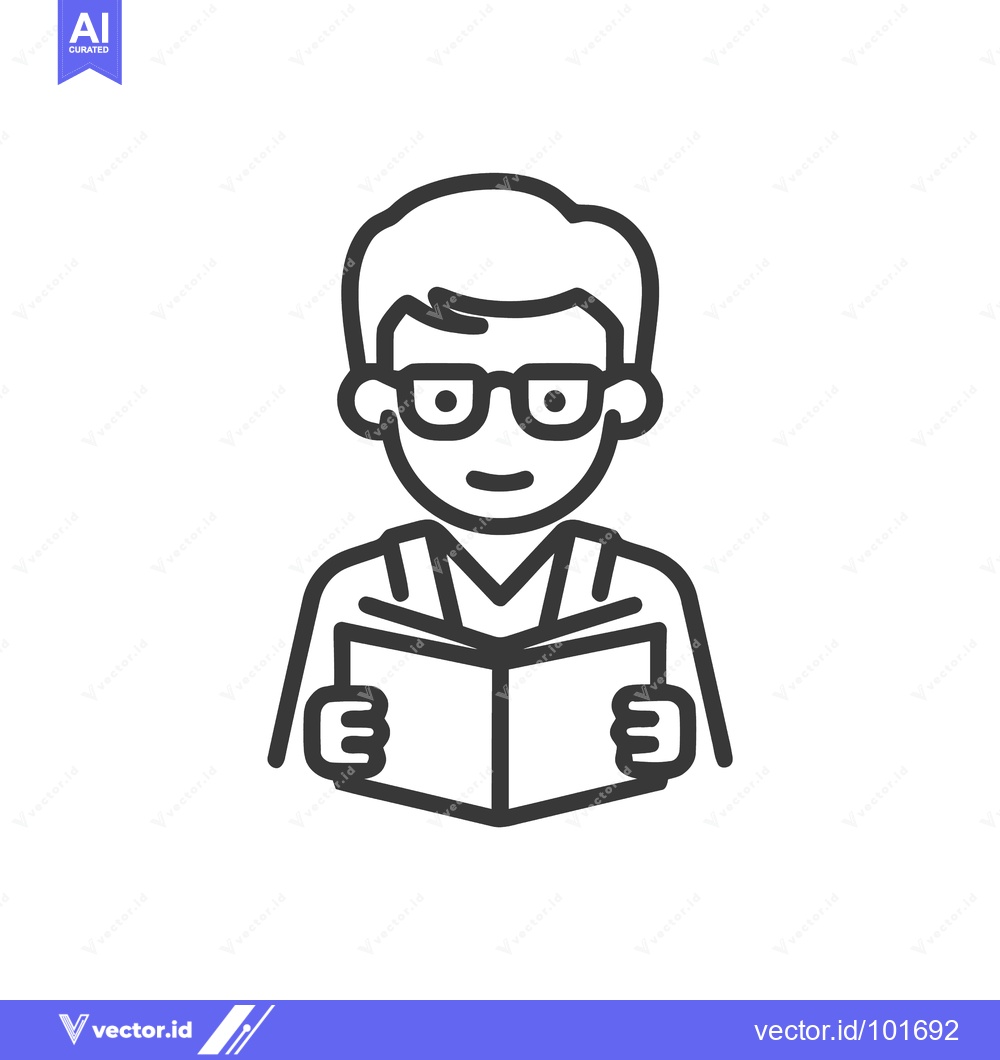 Premium Vector dari Focused Young Scholar Reading a Book, Minimalist Outline Vector Icon