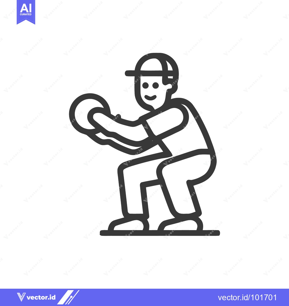 Premium Vector dari Minimalist Line Art Icon of a Baseball Catcher Squatting with Ball, Re