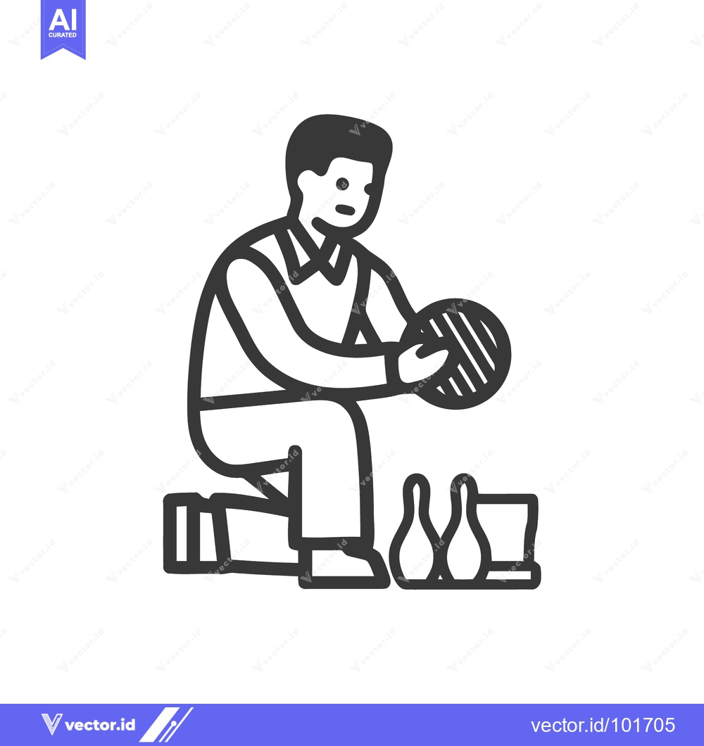 Premium Vector dari Monochrome Line Icon of a Man Kneeling to Play a Miniature Bowling Gam