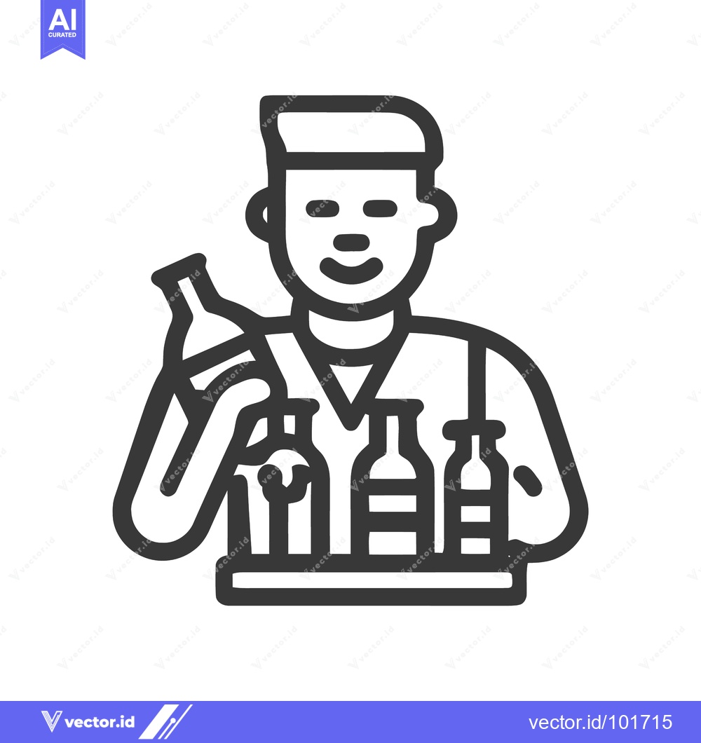 Premium Vector dari Monochromatic Icon of Smiling Bartender Holding Bottle with Tray of Dr