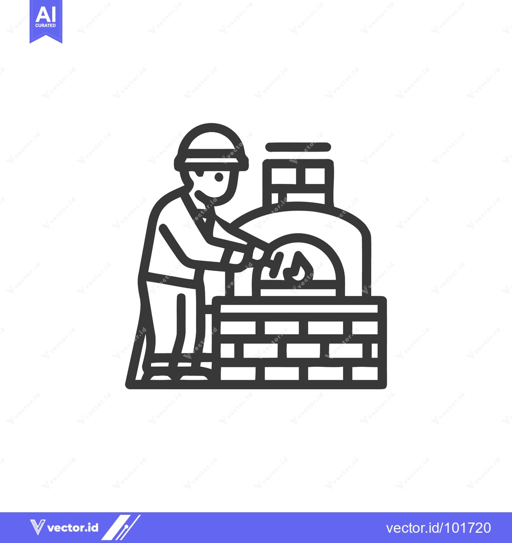 Premium Vector of Artisan Baker Using a Peel at a Traditional Flaming Brick Oven Line Ic