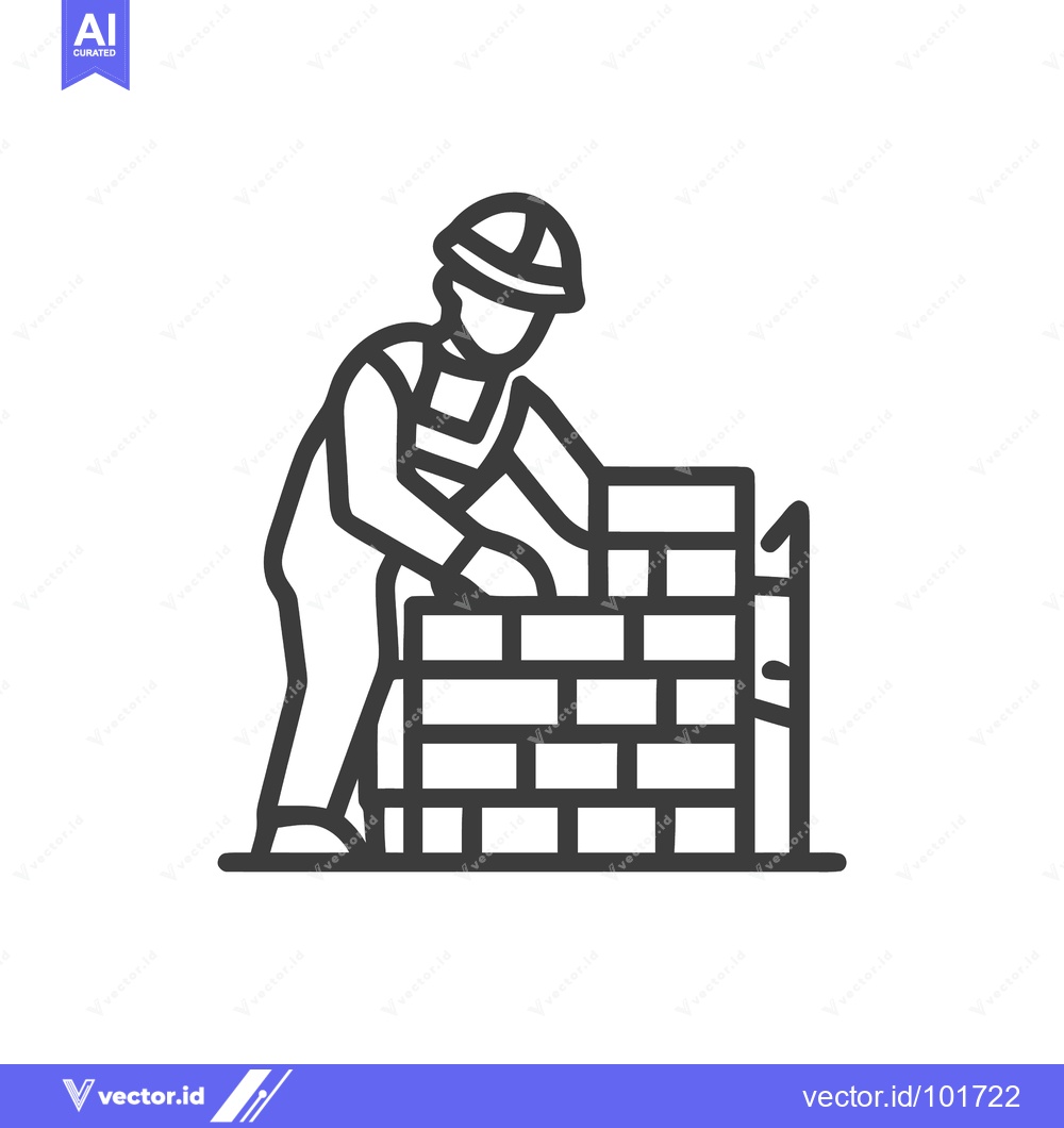 Premium Vector of Minimalist Line Icon of a Construction Worker Building a Brick Wall