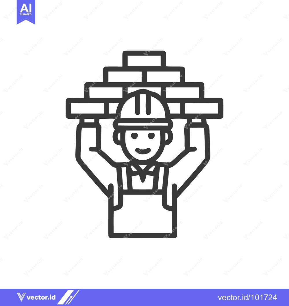 Premium Vector dari Smiling Builder Lifting a Stack of Bricks, Minimalist Line Art Icon
