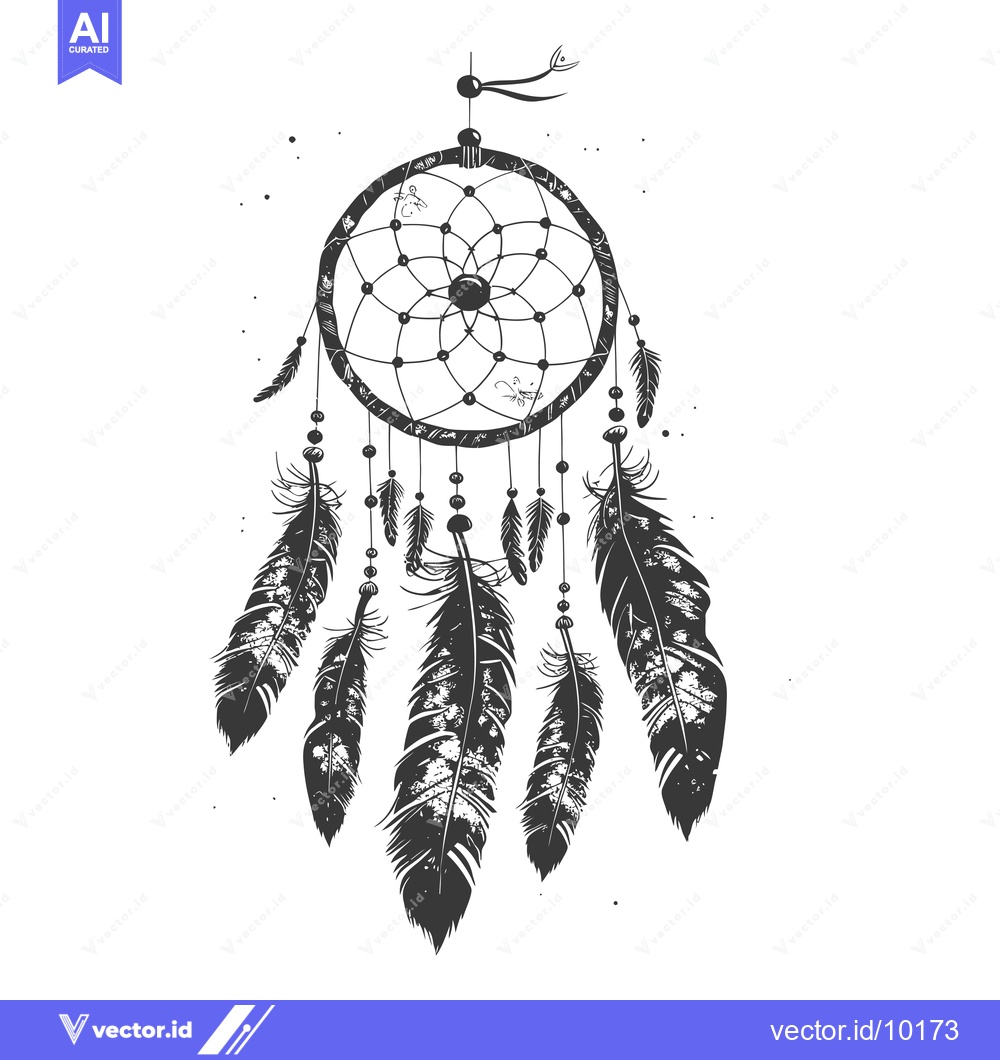 Premium Vector of A black and white dreamcatcher with feathers hanging from it