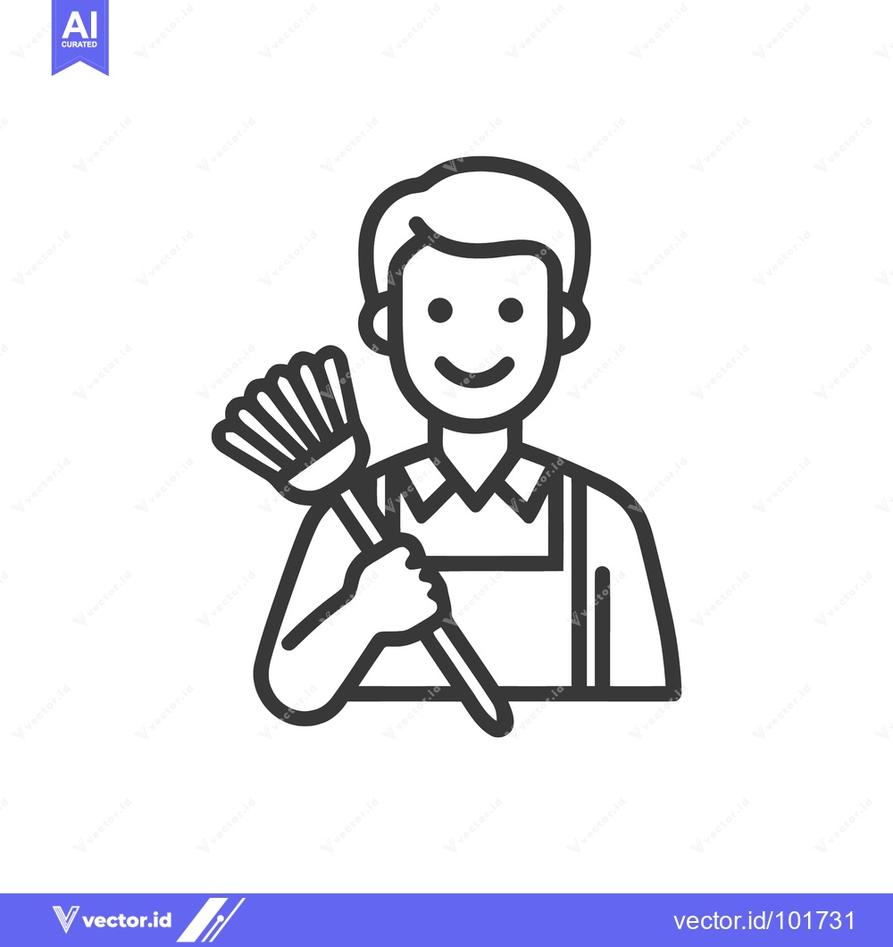 Premium Vector of Minimalist Line Art Icon of a Smiling Cleaner Holding a Feather Duster